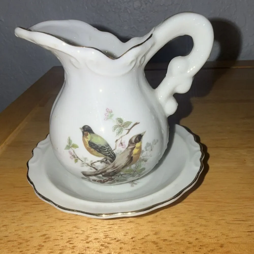Vintage White Glossy Ceramic Bird Pitcher & Matching Bowl 2pc Set, Made in Japan